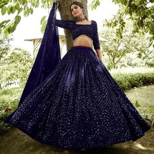 Stunning Blue Embroidered Georgette Lehenga Choli Set